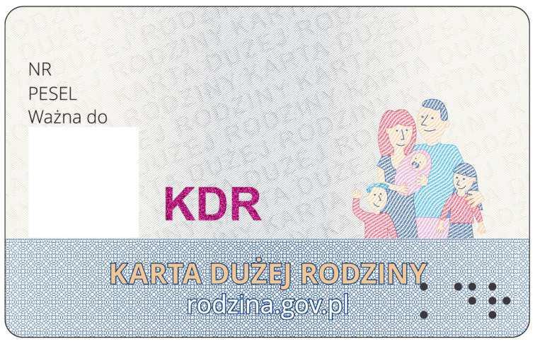 potwierdzającego tożsamość, w przypadku gdy nie nadano numeru PESEL), termin ważności Karty, numer Karty, logo rodziny wielodzietnej, skrót KDR pisany alfabetem Braille`a oraz elementy