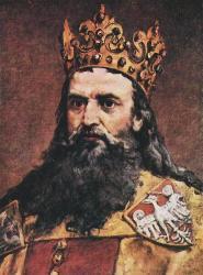 Jan Matejko, Hołd Pruski Ku potędze Zastał kraj drewnianym a zostawił murowanym panowanie Kazimierza Wielkiego Kazimierz Wielki, ostatni król Polski z rodu Piastów, był synem Władysława Łokietka.