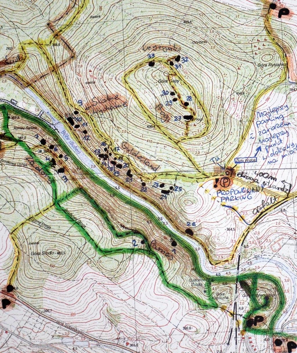 mapa topograficzna w skali 1:10000 na której wrysowano obiekty skalne, rys.