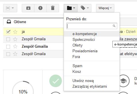 przeniesiona wiadomość. Zdjęcie 27. Zaznaczenie wiadomości do skopiowania (kolor czerwony). Na zielono zaznaczono menu wyboru katalogów.