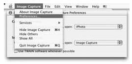 14. Otwórz Imane Capture z folderu Applications. 15. Sprawdź ustawienie ImageCapture (OS X10.1.5) (1) Wybierz Other. z Hot plug Action (OS X10.2 lub później) (1) Wybierz Preferenes.