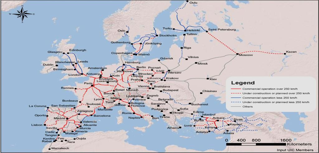 5 Plany rozwoju sieci linii kolejowych dużych prędkości w Europie do 2030 na tle