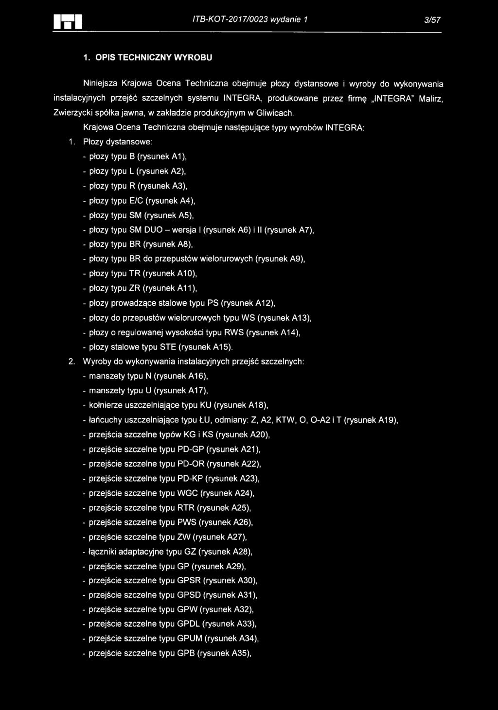 Zwierzycki spółka jawna, w zakładzie produkcyjnym w Gliwicach. Krajowa Ocena Techniczna obejmuje następujące typy wyrobów INTEGRA: 1.