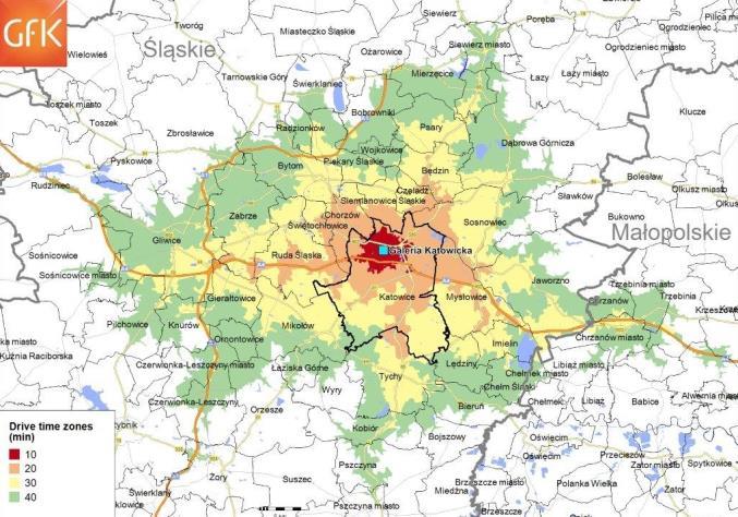 dołączane do prezentacji i raportów. Analizy lokalizacyjne GfK RegioGraph umożliwia wszechstronną analizę lokalizacji obiektu handlowego, np.