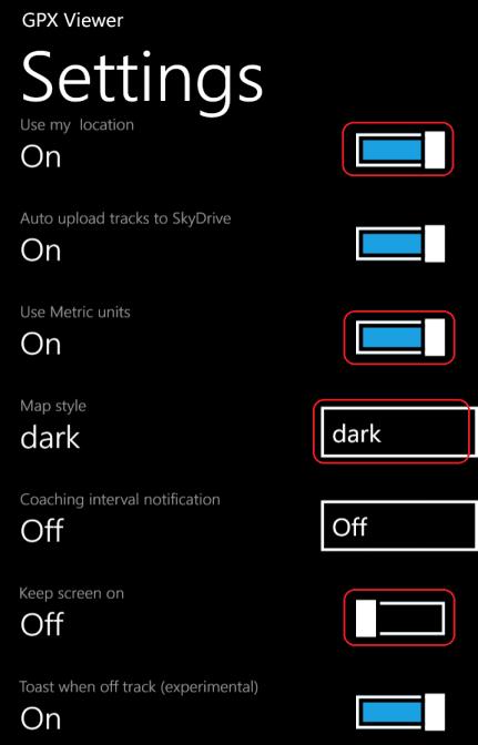 upload tracks to SkyDrive > On Toast when off track (experimental) > On (zapisuje przebyte