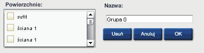 Dodanie nowej grupy lub wskazanie istniejącej uruchomi menu grupy: W tym menu użytkownik widzi wszystkie zdefiniowane w projekcie powierzchnie kolorystyczne.