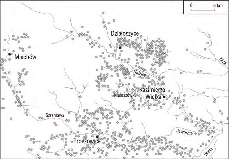 Rozwój osadnictwa prahistorycznego w dorzeczu dolnej Nidzicy Ryc. 14. Rozmieszczenie stanowisk z okresu rzymskiego (wg. H. Dobrzańskiej 1997) Fig. 14. The Roman period sites (according to H.