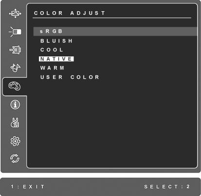 Element Objaśnienie Color Adjust (Regulacja kolorów) oferuje kilka opcji regulacji kolorów: ustawione fabrycznie temperatury kolorów oraz User Color (Indywidualne ustawienia koloru) pozwalające
