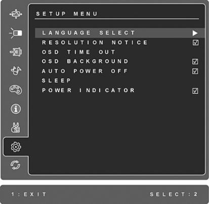Element Objaśnienie Setup Menu (menu ustawień) wyświetla następujące menu: Language Select (Język) pozwala wybrać język, w którym wyświetlane będą menu i ekrany ustawień.