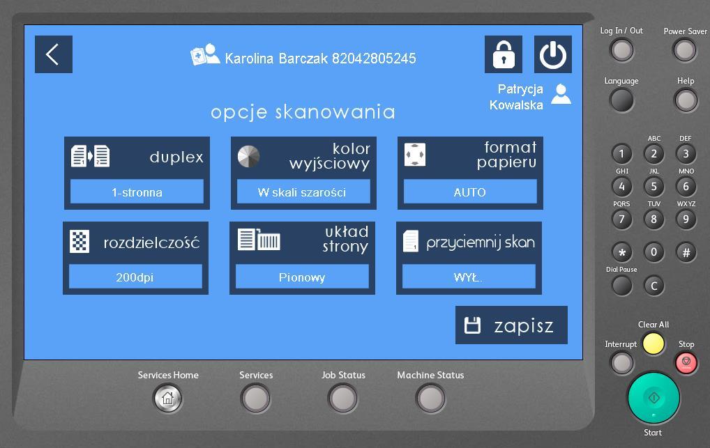Przycisk opcje skanowania bądź opcje DODATKOWA OPCJA: przycisk zapisz OCR zapis do formatu PDF OCR (UWAGA: przycisk ten pojawi się jeśli wykupimy dodatkowo licencję na OCR oraz aktywujemy tą funkcję