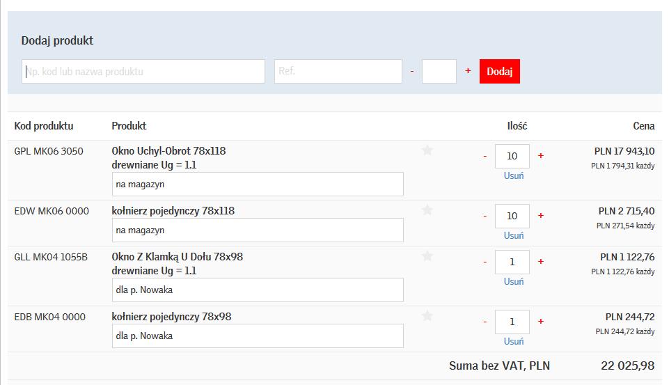 Można kontynuować dodawanie innych produktów Podane