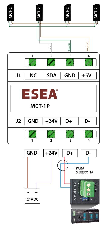 3.2. Przykład podłączenia elektrycznego Poniższy rysunek przedstawia schemat typowego podłączenia układu do magistrali RS-485. Moduł pomiaru temperatury można zasilać napięciem stałym z zakresu 9-24V.
