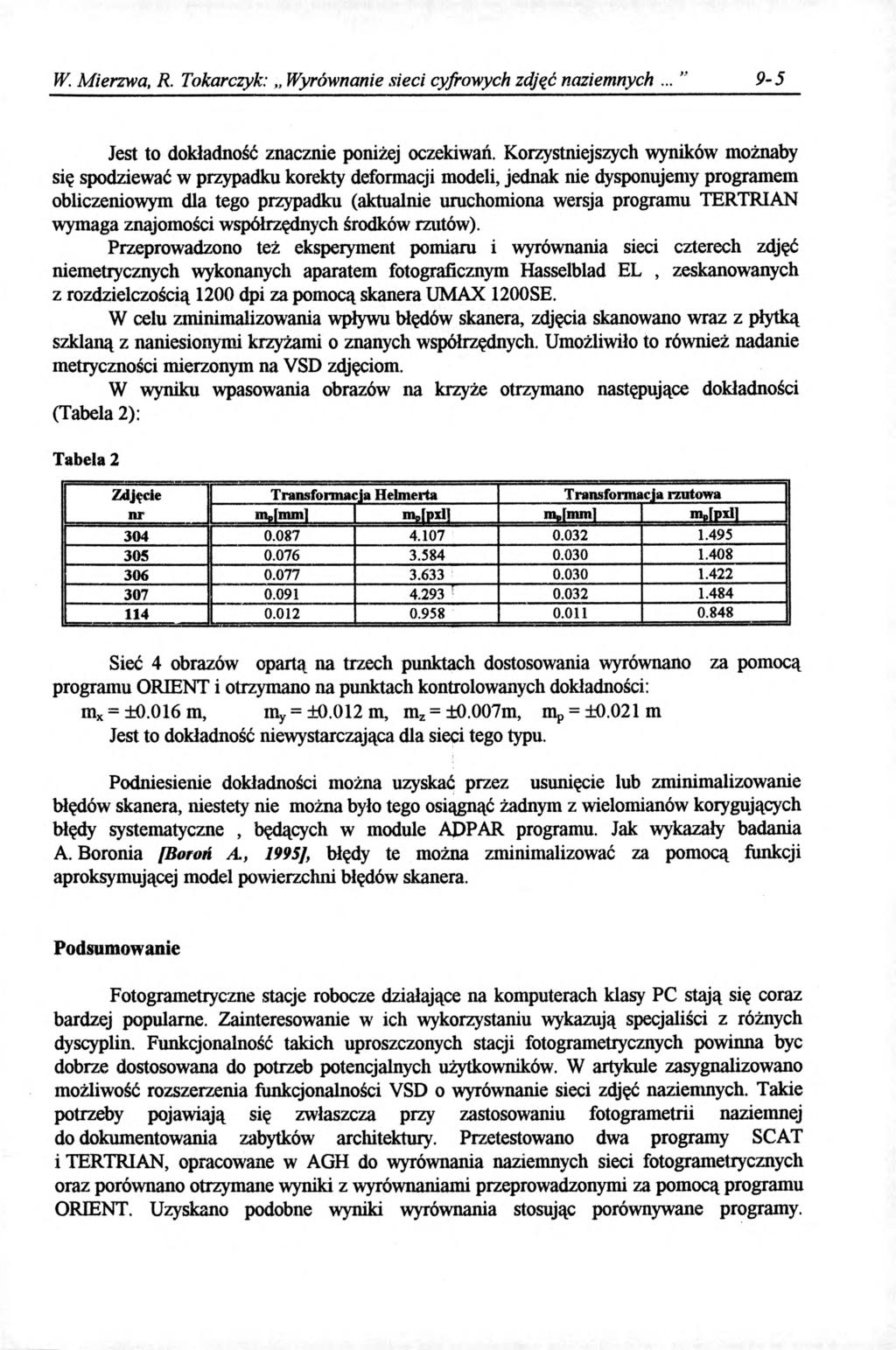 W. Mierzwa, R. Tokarczyk: Wyrównanie sieci cyfrowych zdjąć naziemnych 9-5 Jest to dokładność znacznie poniżej oczekiwań.
