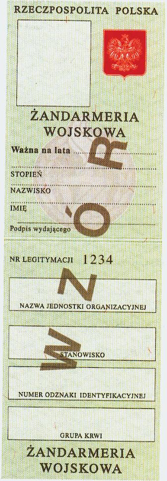 Górna cz legitymacji zawiera: 1) napis RZECZPOSPOLITA POLSKA koloru czarnego, 2) orzeł biały w koronie na tle czerwonym, 3) w ramce zdj cie i piecz wyciskowa ø 20, 4) poni sze napisy wykonane na tle