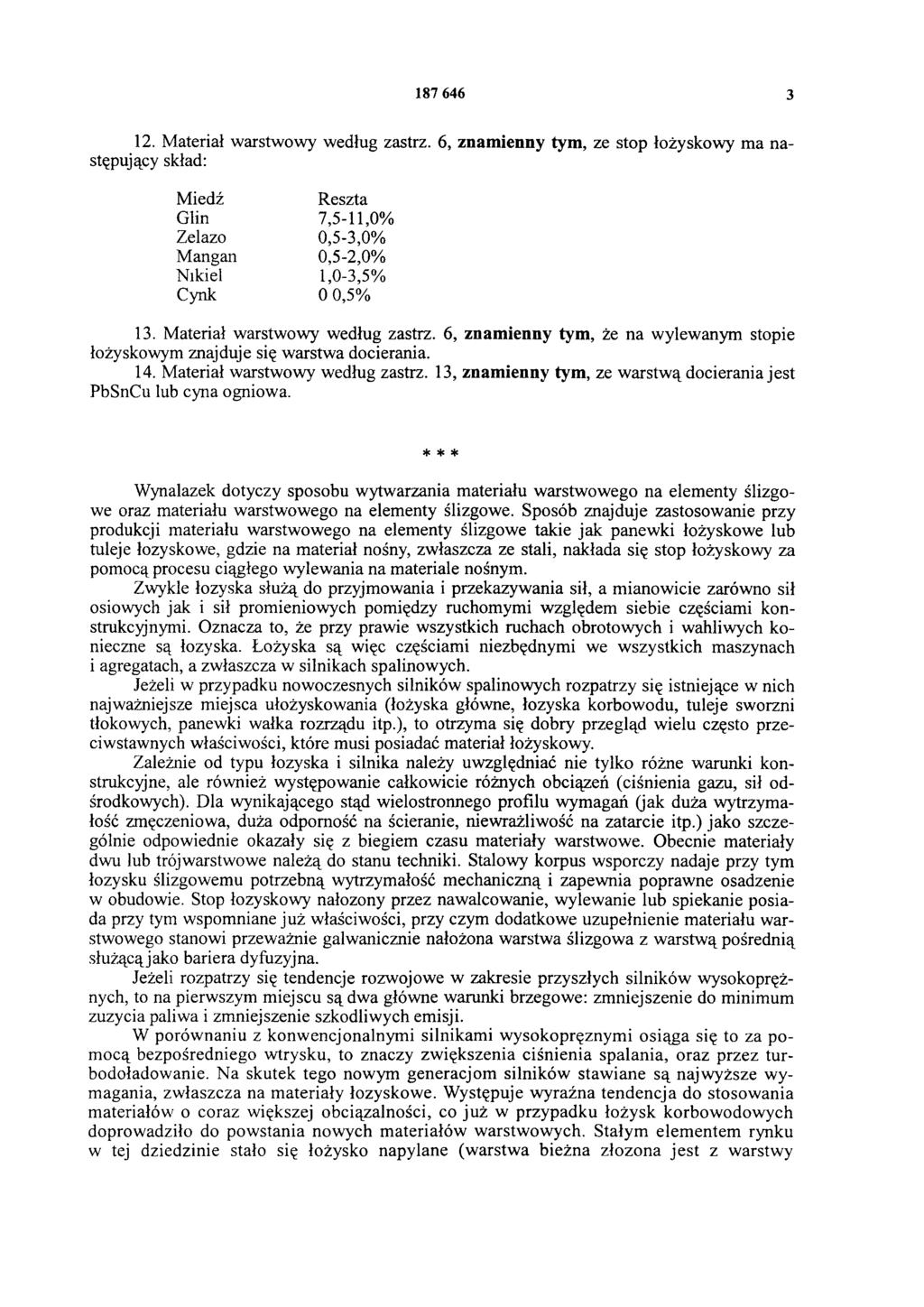 187 646 3 12. Materiał warstwowy według zastrz. 6, znamienny tym, ze stop łożyskowy ma następujący skład: Miedź Reszta Glin 7,5-11,0% Żelazo 0,5-3,0% Mangan 0,5-2,0% Nikiel 1,0-3,5% Cynk 0 0,5% 13.