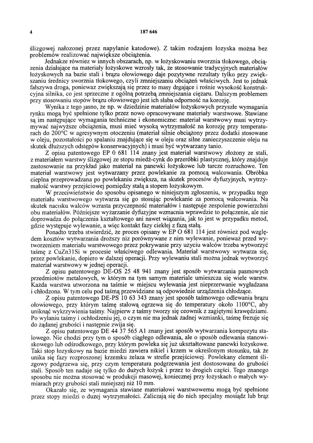 4 187 646 ślizgowej nałożonej przez napylanie katodowe). Z takim rodzajem łożyska można bez problemów realizować największe obciążenia. Jednakże również w innych obszarach, np.