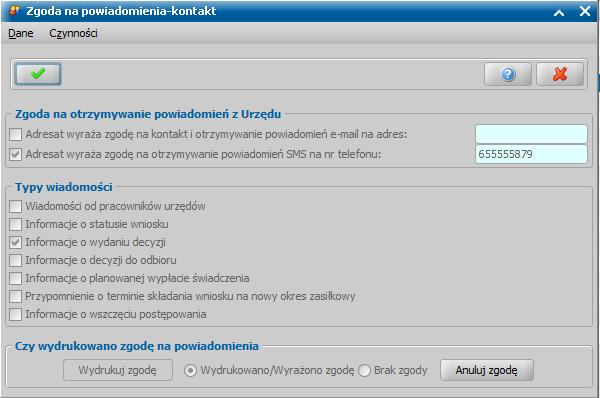 Wysyłanie powiadomienia SMS z informacją o możliwości odbioru decyzji Aby powiadomienie SMS z informacją o możliwości odbioru decyzji było wysyłane do osoby, która wyraziła na to zgodę muszą być