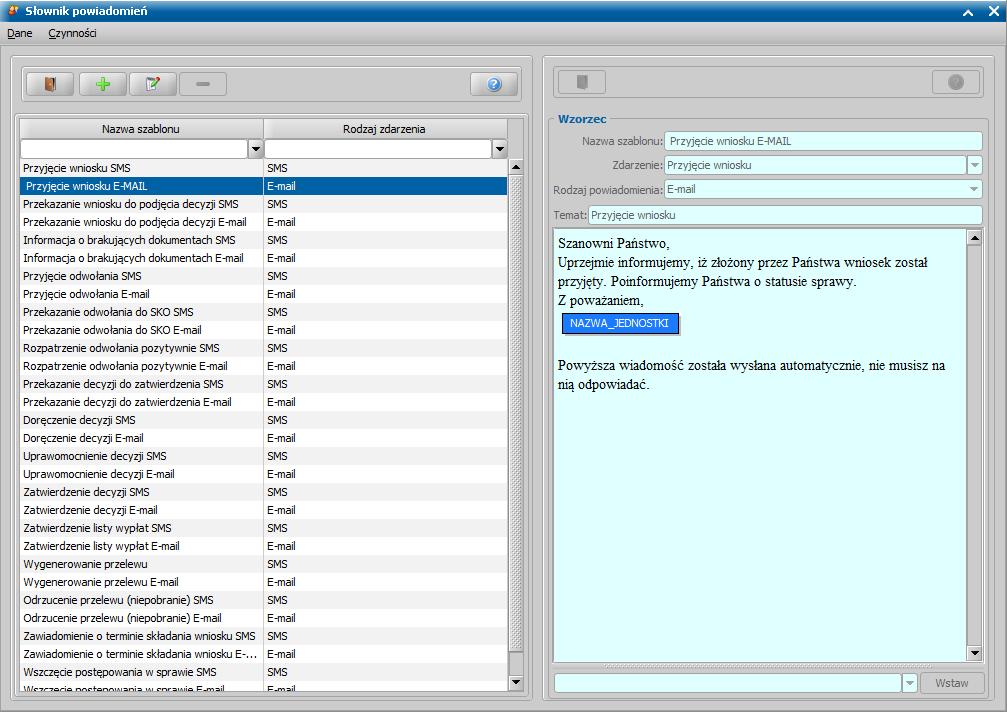 Parametry systemowe W rozdziale zostały opisane parametry systemowe, które zawierają informacje mające wpływ na funkcjonalność obsługi powiadomień SMS i/lub E-mail. Parametry możemy modyfikować.