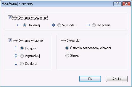Okno Wyrównaj elementy 10 Okno Wyrównaj elementy Okno Wyrównaj elementy wyrównuje elementy względem strony, czyli obszaru rysowania lub innego obiektu.
