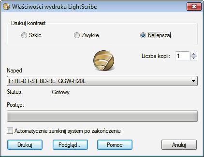 Drukowanie etykiety LightScribe Okno Właściwości wydruku LightScribe Dostępne są następujące opcje: Pole Kontrast wydruku Dopasowuje żądaną jakość wydruku.