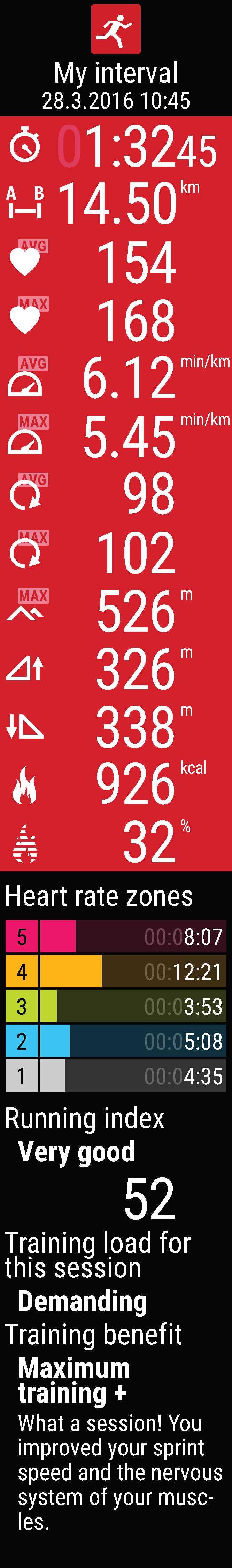 Zawarte w nim informacje różnią się w zależności od wybranego profilu sportowego. Dostępne możliwości to: Czas trwania: Czas trwania treningu.