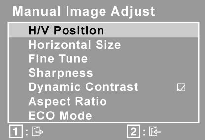 Element Objaśnienie Manual Image Adjust (ręczna regulacja obrazu) wyświetla menu ręcznej regulacji obrazu. H./V.