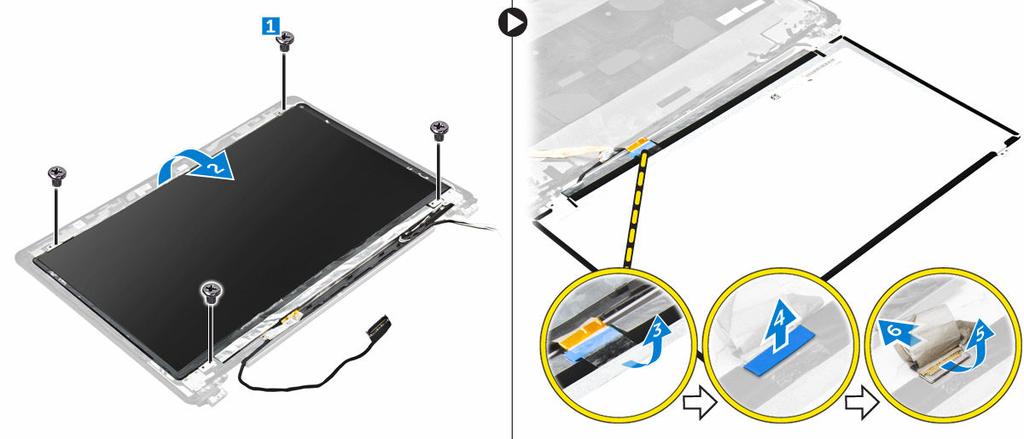 a. Wykręć śruby mocujące panel wyświetlacza do zestawu wyświetlacza [1]. b. Unieś panel wyświetlacza i odwróć panel wyświetlacza, aby uzyskać dostęp do kabla edp [2]. c.