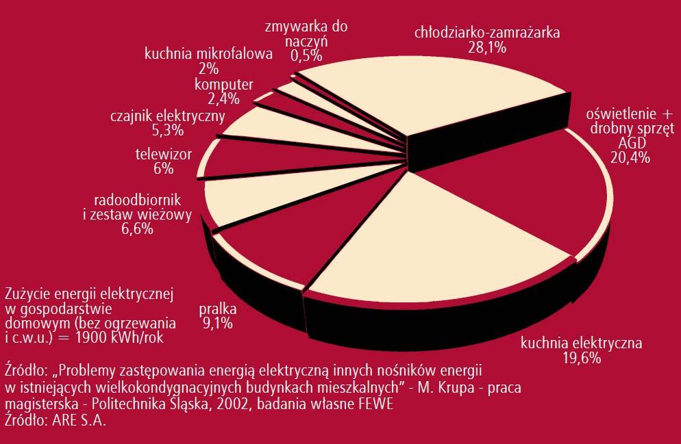 12 Rozkład zużycia energii elektrycznej w przeciętnym gospodarstwie domowym, w