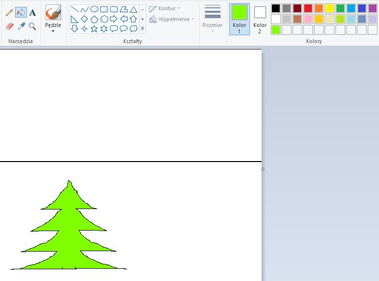 [11/14] Paint Rysunek 24. Przenoszenie obrazka 8. Narzędziem Ołówek dorysuj czubek choinki oraz część jej podstawy, tak aby połączyć krzywą 9. Ustaw Kolor 1 na zielony 10.