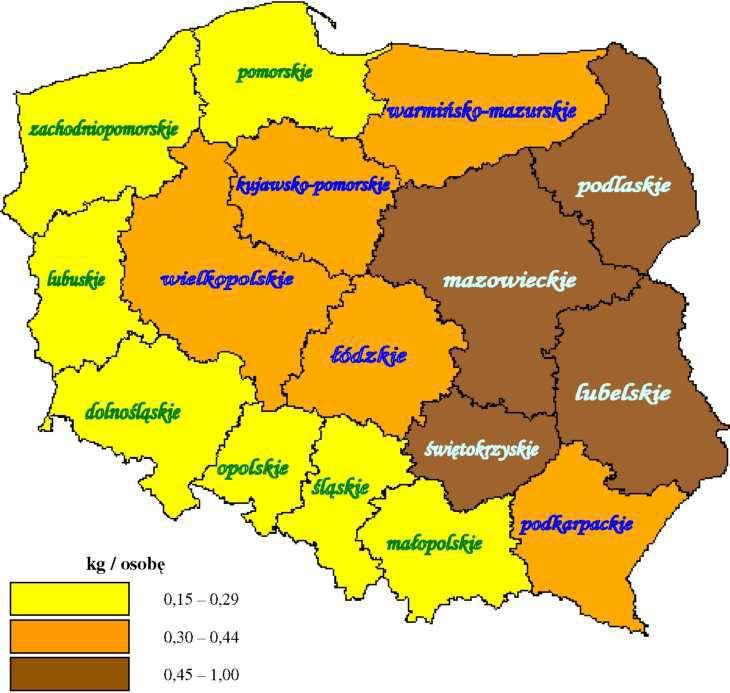 Rys. 1. Nagromadzenie wyrobów zawierających azbest w układzie wojewódzkim. Źródło: Program oczyszczania kraju z azbestu na lata 2009-2032. 2. Wiadomości ogólne o azbeście.