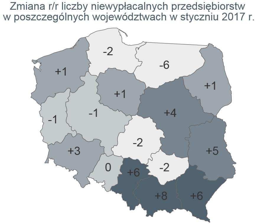 Wzrost liczby niewypłacalności w skali roku w województwach Polski południowo-wschodniej Największa liczba omawianych przypadków niewypłacalności opublikowanych w styczniu miała miejsce w woj.