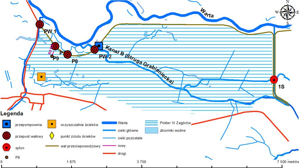 Ryc. 1. Lokalizacja urządzeń wodno-melioracyjnych na Polderze Zagórów Wcześniej w 2009 r.