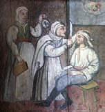 Na prvom obraze, ktorý predstavuje prvé prikázanie, sú zobrazené dve bohatšie ženy, ktoré liečia muža