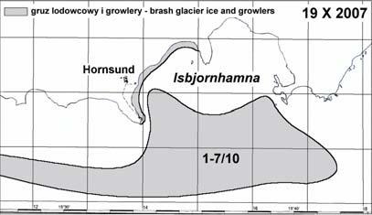 Ryc. 7. Rozmieszczenie lodu w Isbjornhamnie i Hornsundzie 19 października 2007 roku Fig. 7. Distribution of ice in Isbjornhamna and Hornsund on 19 October 2007 Hornsundu uległ odwróceniu.