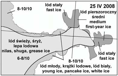 16). Po wodach fiordu i zatoki dryfowała pokryta śniegiem drobna kra pierwszorocznego lodu cienkiego (30-70 cm grubości, ang. thin first-year ice) przemieszana z bardzo drobną krą lodu młodego.