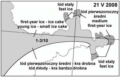 Rozmieszczenie lodu w Hornsundzie 15 i 21 maja 2008 roku Fig. 16.