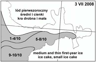 Ryc. 17. Rozmieszczenie lodu w Hornsundzie 1 i 3 lipca 2008 roku Fig. 17. Distribution of ice in Hornsund on 1 and 3 July 2008 Występowanie tego lodu przyczyniło się do dużych trudności w dotarciu do Polskiej Stacji Polarnej statku r/v "Horyzont II" 3 lipca 2008 r.