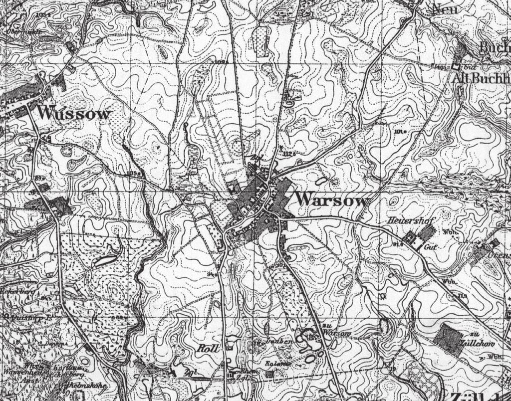 Mała zlewnia 101 Rys. 3. Wzgórza Warszewskie i wieś Warszewo (Warsow) na mapie topograficznej z 1936 roku. Fig. 3. Warszewskie Hills and village Warszewo (Warsow) on german topographic map from year 1936 W latach 90.
