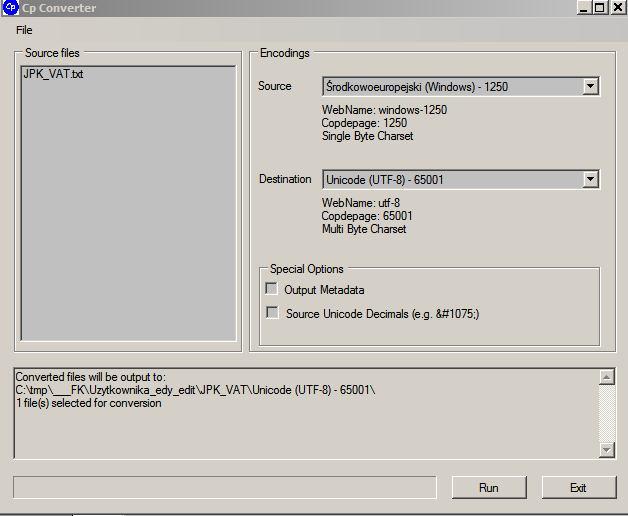 Kodowanie polskich znaków w programie Fk jest w systemie Windows-1250. Wszystkie zapisy w bazie danych wykonane są z takim kodowaniem. Plik JPK_VAT wymaga natomiast kodowania w systemie UTF-8.