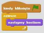 Zadajemy pytania: Co się stało po kliknięciu zielonej flagi? (Nasz duszek zmienił ułożenie nóg). Czy ta czynność trwała długo? (nie, trwała krótko).