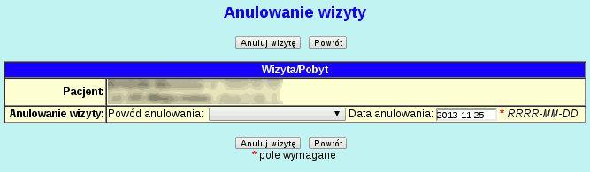 Formularz zatwierdzamy przyciskiem Anuluj wizytę po jego kliknięciu wizyta zostanie anulowana.