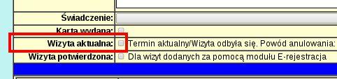 Na ekranie edycji wizyty odnajdujemy checkbox o nazwie Wizyta aktualna i zaznaczamy go: Formularz zatwierdzamy przyciskiem OK. Po wykonaniu powyższych kroków wizyta zostanie przywrócona.