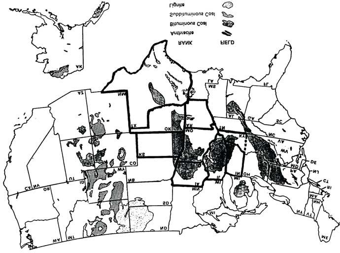 Rys. 2. Z³o a wêgla w USA ród³o: [2] Fig. 2. Coal deposits in the USA Wydobycie wêgla prowadzone jest w 27 stanach, g³ównie wschodnich. Eksploatacja odbywa siê tam przede wszystkim metod¹ podziemn¹.