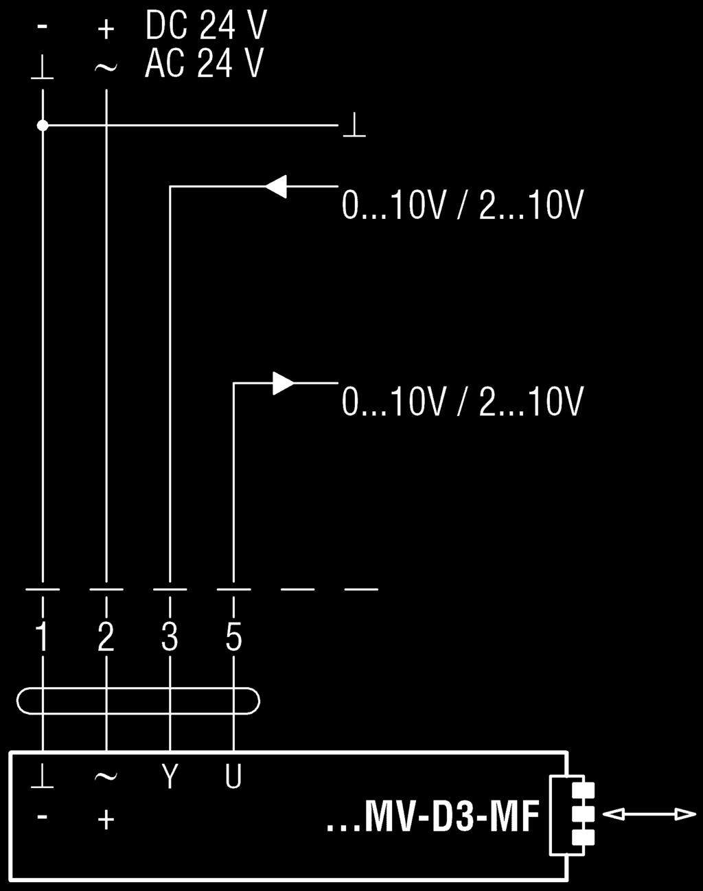 Schemat podłączenia Kompaktowy regulator Belimo LMV/NMV-D3-MF - uwaga: nie MP-Bus VAV z analogowym sygnałem VAV z funkcją zamknięcia (ZU) sterującym Tryb pracy 2-10V DC Sygnał
