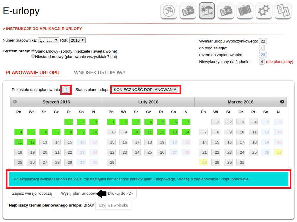 Rys. 15 Doplanowywanie urlopu w aplikacji E-urlopy Doplanowanie (korekta planu) to ponowne zaplanowanie urlopu zgodnie z nowo przeliczonym wymiarem urlopu.