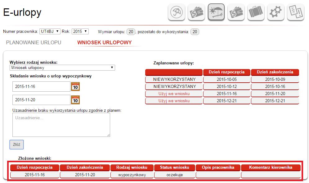 Rys. 19 Wniosek o urlop wypoczynkowy ze statusem oczekuje Wniosek oczekuje wtedy na akceptację naszego bezpośredniego przełożonego.