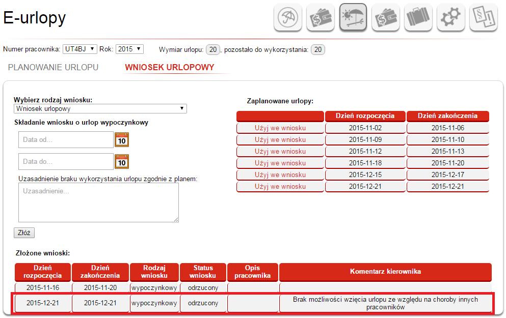 Rys. 21 Wniosek o urlop wypoczynkowy ze statusem odrzucony wraz z komentarzem kierownika Aplikacja kontroluje, jakie wnioski zostały już wysłane przez pracownika i są w statusie oczekuje lub