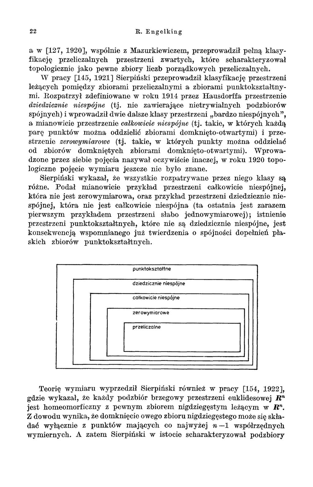 22 R. Engełking a w [127, 1920], wspólnie z Mazurkiewiczem, przeprowadził pełną klasyfikację przeliczalnych przestrzeni zwartych, które scharakteryzował topologicznie jako pewne zbiory liczb