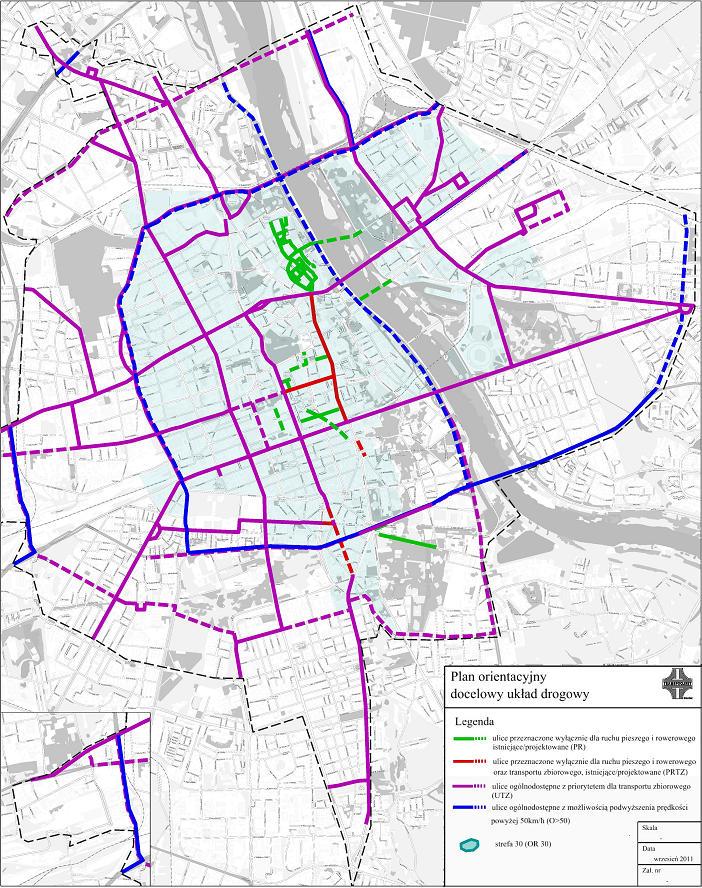 rowerowego i transportu zbiorowego (PRTZ), kolorem fioletowym ulice ogólnodostępne z priorytetem dla transportu zbiorowego (UTZ), kolorem niebieskim ulice ogólnodostępne z możliwością podwyższenia