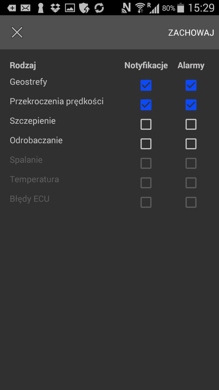 Wybór metody powiadamiania - ustawienia notyfikacji i alarmów. Alarmy wyświetlane są w aplikacji.